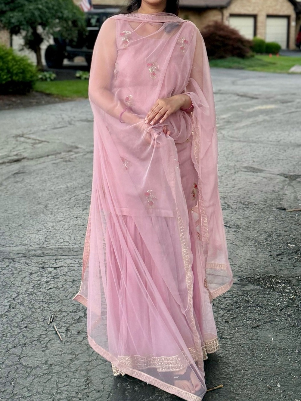 Elegant Pink Chiffon Women's sharara suit with Embroidered Detail